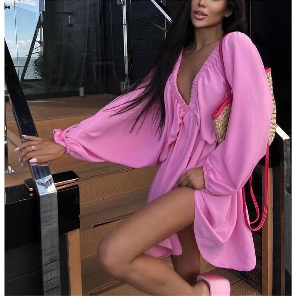 Amazon Pink Deep V Neck Long Puff Sleeve Backless High Waist Ruffle Mini Dress M - Picture 2 of 4